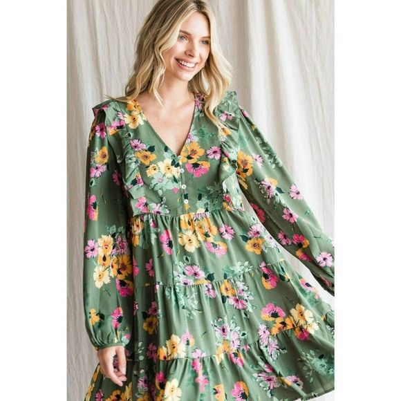 JODIFL Emerald Green Floral Print Dress Buttons Ruffled Fall New S-L H20347 - Picture 6 of 6